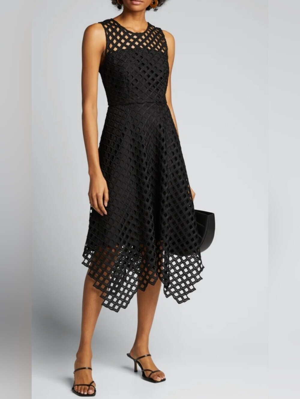 Milly Annemarie Lattice- Women's 6 Black Embroidered Handkerchief Dress NWT - Picture 2 of 15